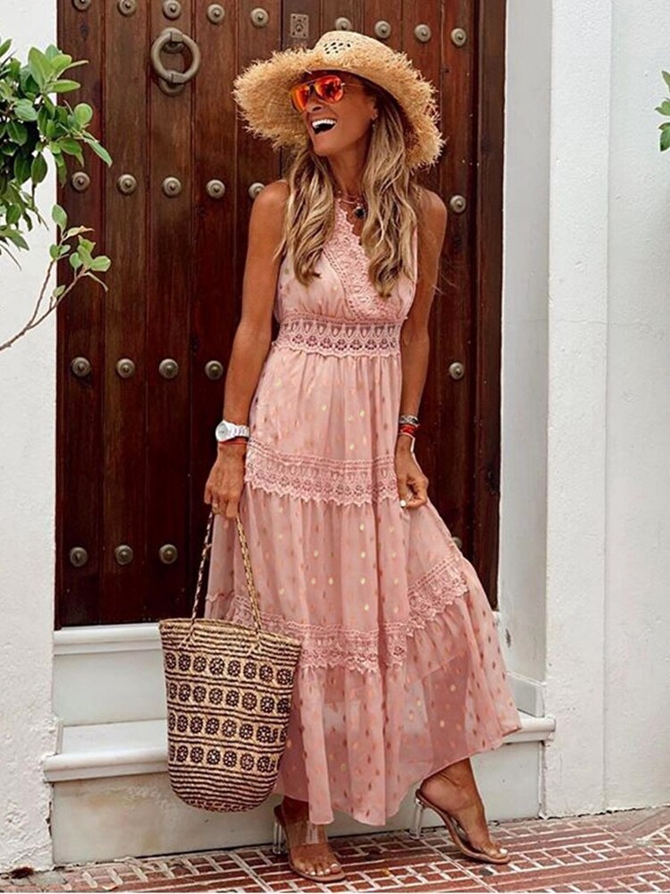 IVIA™ WOMEN'S BOHO MAXI DRESS: TIERED SKIRT & LACE TRIM
