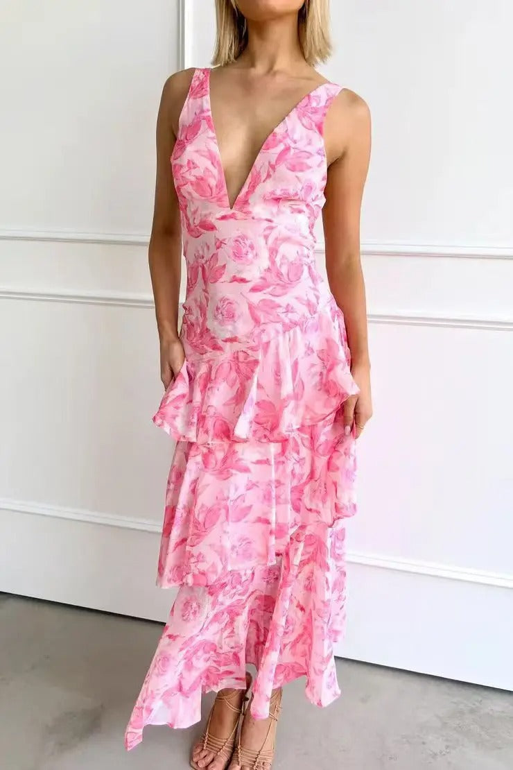 MIRAE™ WOMEN'S SLEEVELESS LAYERED MAXI DRESS: DEEP V-NECK & RUFFLE HEM