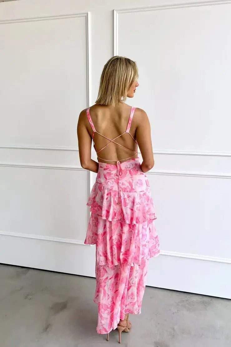 MIRAE™ WOMEN'S SLEEVELESS LAYERED MAXI DRESS: DEEP V-NECK & RUFFLE HEM