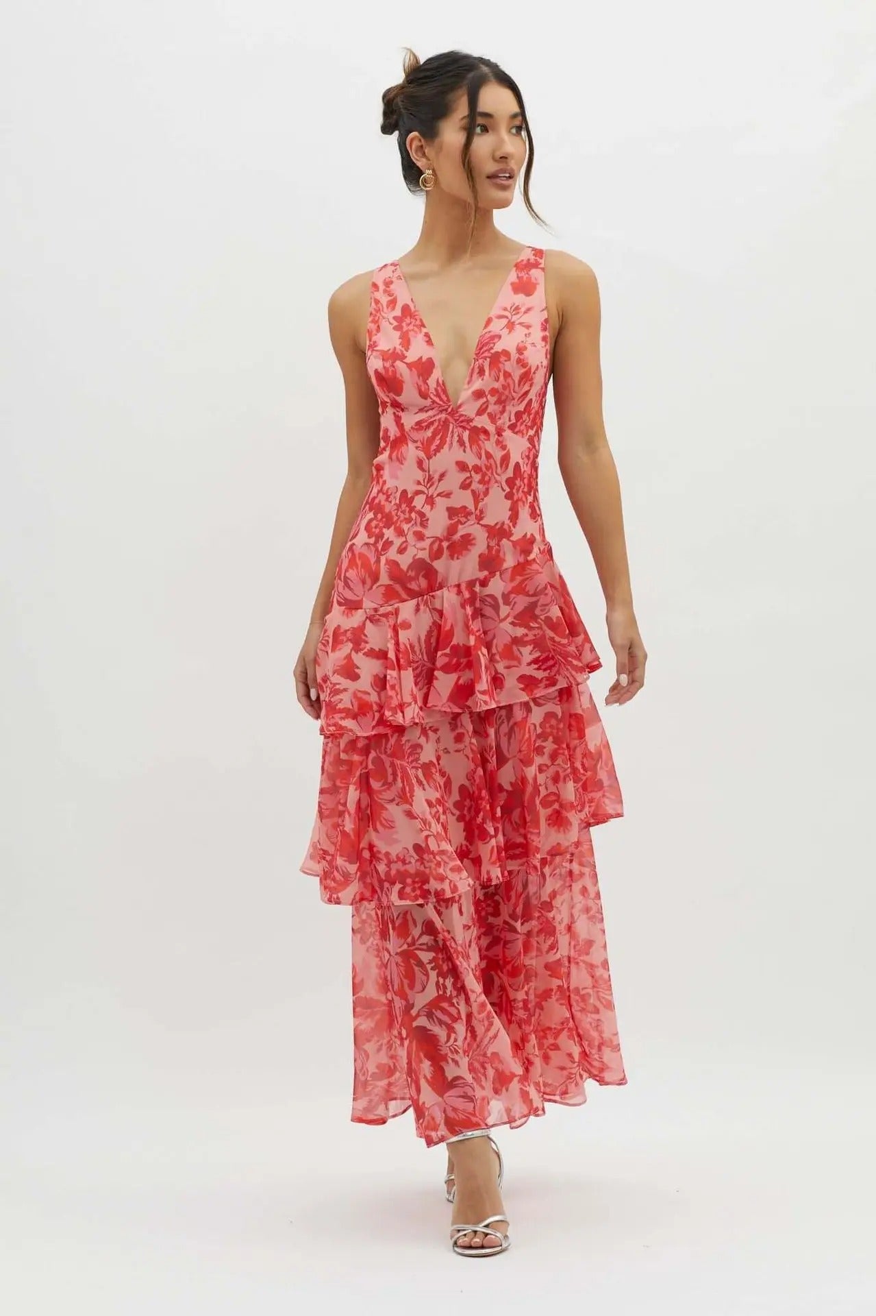 MIRAE™ WOMEN'S SLEEVELESS LAYERED MAXI DRESS: DEEP V-NECK & RUFFLE HEM