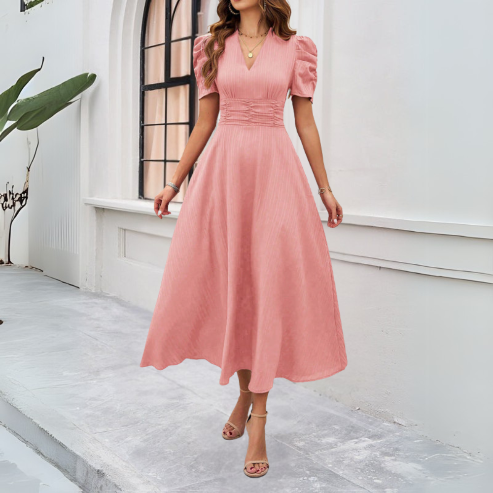 MABELA™ WOMEN'S V-NECK PUFF SLEEVE MAXI DRESS: FITTED WAIST DETAIL
