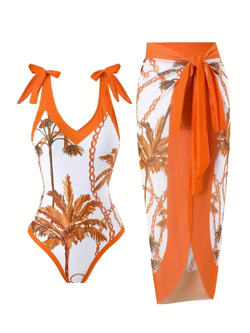 WOMEN'S PALM PRINT MESH SKIRT TWO-PIECE SWIMSUIT SET