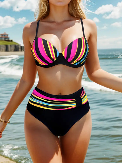 WOMEN'S COLORFUL STRIPED 2-PIECE SWIMWEAR SET