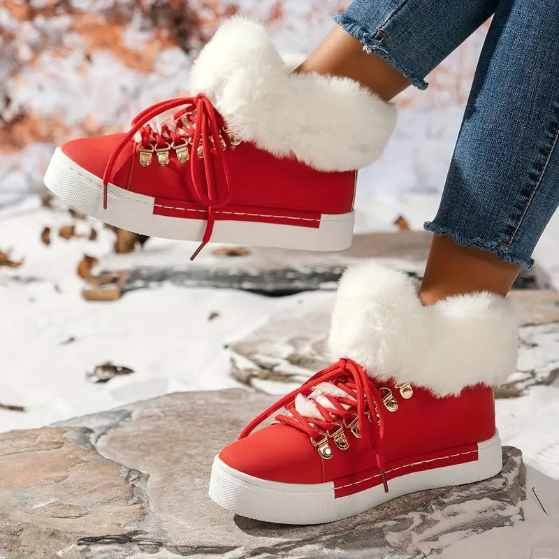 PUNKEYDOODLES™ FUR-LINED RED LACE-UP WINTER BOOTS