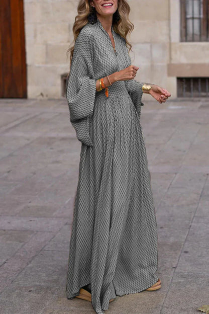 ELEORA™ WOMEN'S GEOMETRIC PRINT MAXI DRESS: LONG SLEEVES & V-NECK