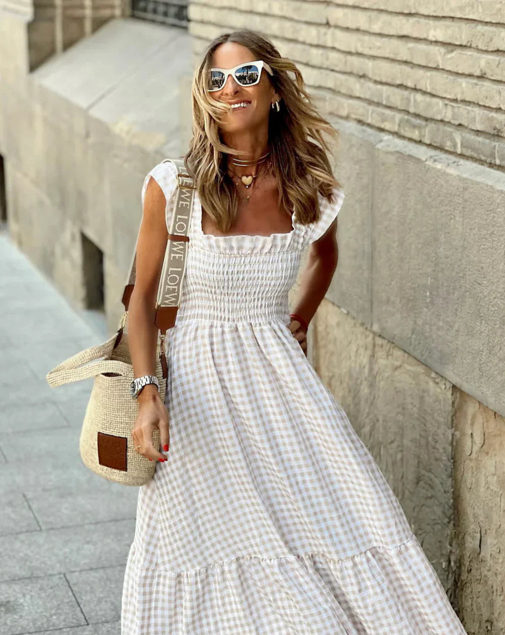 FLEURINNA™ – LONG DRESS WITH RUFFLED SLEEVES AND GINGHAM FRILLS