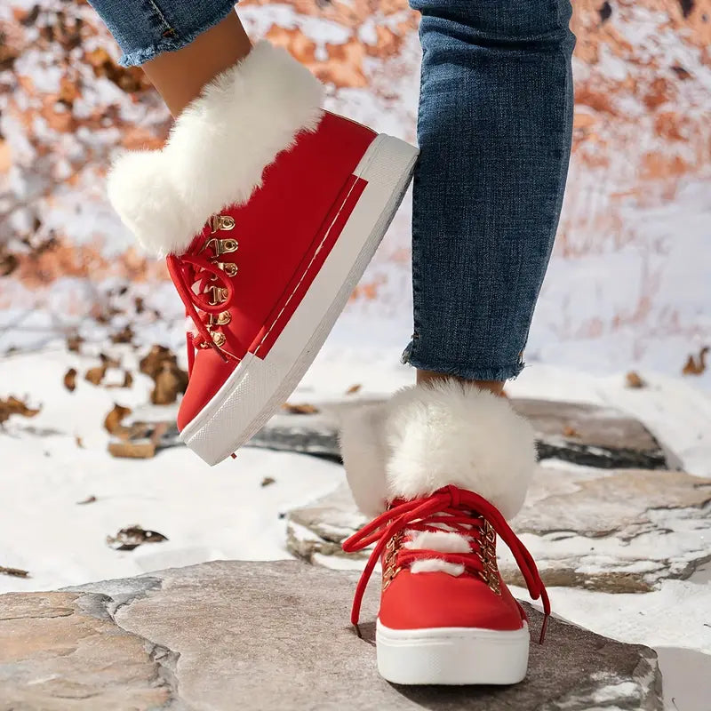 PUNKEYDOODLES™ FUR-LINED RED LACE-UP WINTER BOOTS