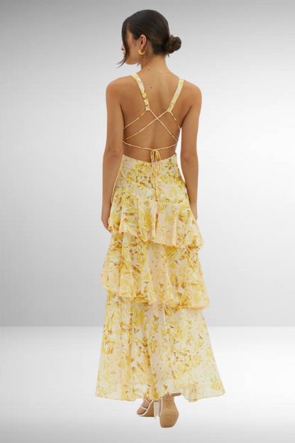 MIRAE™ WOMEN'S SLEEVELESS LAYERED MAXI DRESS: DEEP V-NECK & RUFFLE HEM