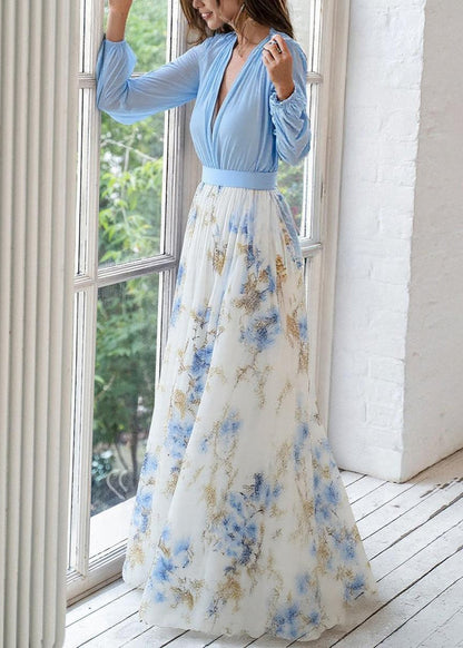 KIRI™ WOMEN'S ELEGANT V-NECK MAXI DRESS: LONG SLEEVES & FLORAL SKIRT