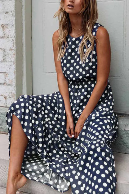 FIONIE™ WOMEN'S SLEEVELESS POLKA DOT MAXI DRESS WITH RELAXED FIT