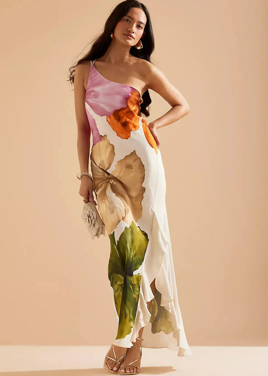 AIDENA™ WOMEN'S ONE-SHOULDER ASYMMETRIC MAXI DRESS: ABSTRACT PRINT