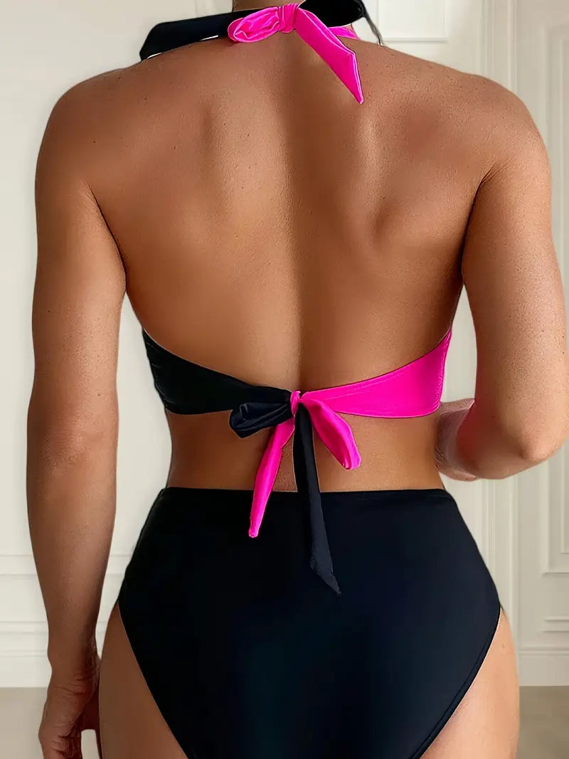 WOMEN'S CROSS-STRAP HALTER NECK SWIMWEAR SET