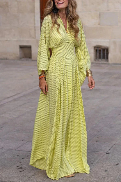 VÉROLINE™ – PRINTED MAXI DRESS WITH LONG SLEEVES AND V-NECK