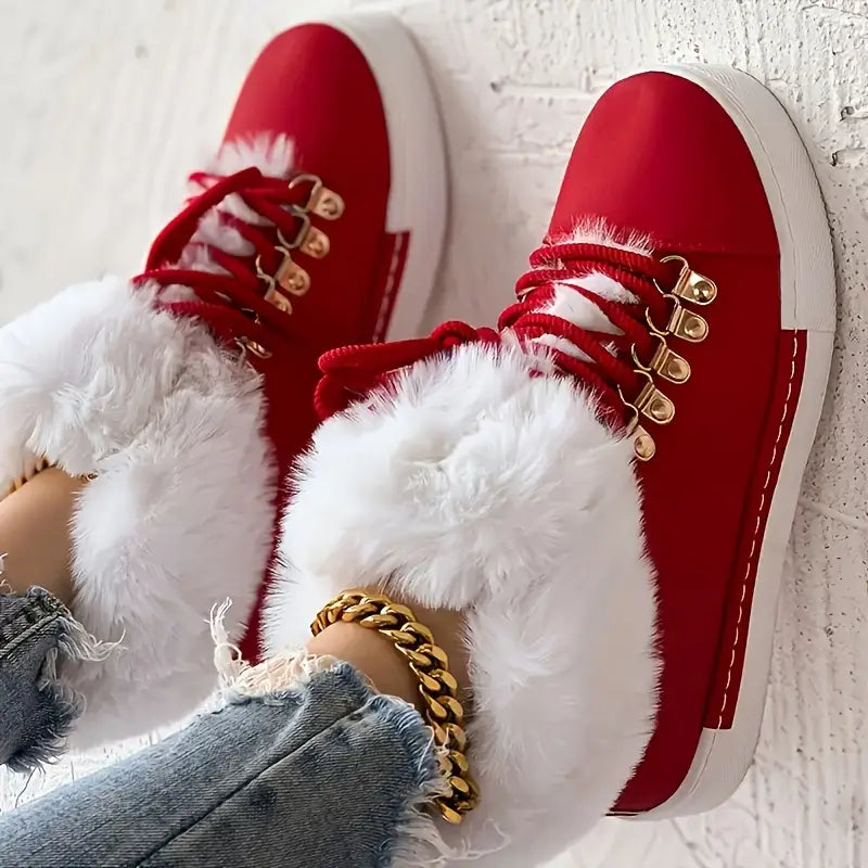 PUNKEYDOODLES™ FUR-LINED RED LACE-UP WINTER BOOTS