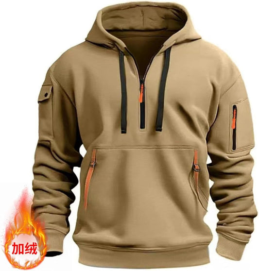 Men's Sportsuit Set Solid Color Fleece Warm Personality Zipper Pocket Hooded Sweatshirt & Pants 2 Piece Set