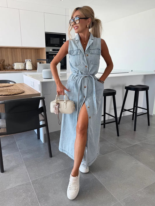 KAITLYNA™ WOMEN'S SLEEVELESS DENIM MAXI DRESS: BUTTON FRONT & BELTED WAIST