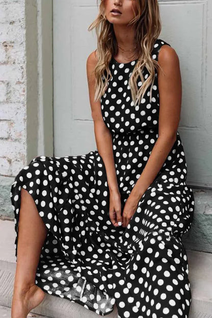 FIONIE™ WOMEN'S SLEEVELESS POLKA DOT MAXI DRESS WITH RELAXED FIT
