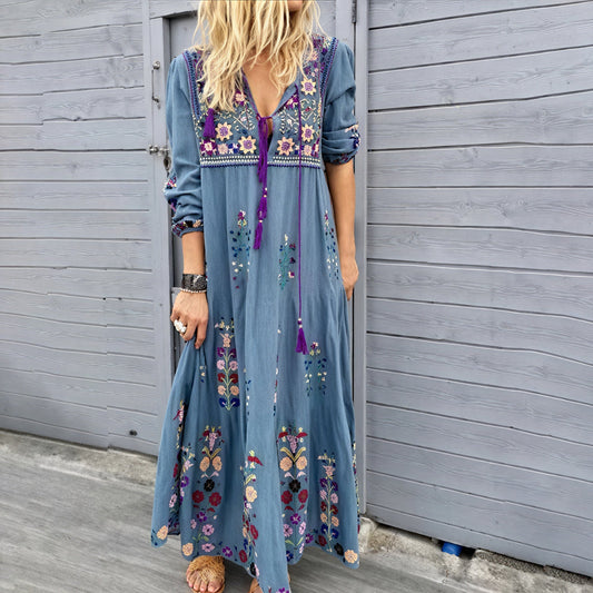 TESSIE™ WOMEN'S MAXI BOHO DRESS: EMBROIDERED DETAILS & TASSEL ACCENTS