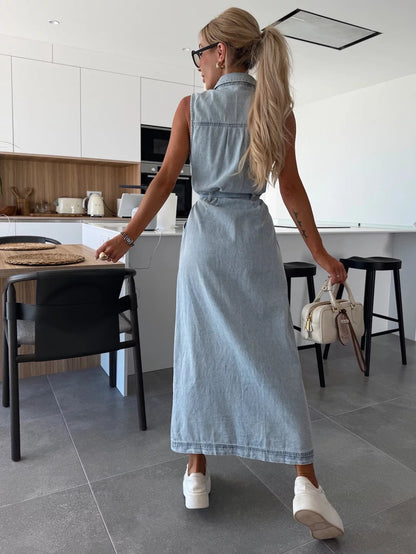 KAITLYNA™ WOMEN'S SLEEVELESS DENIM MAXI DRESS: BUTTON FRONT & BELTED WAIST