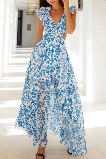 JADIA™ WOMEN'S FLORAL MAXI DRESS: V-NECK, RUFFLED SLEEVES, & CUT-OUT WAIST