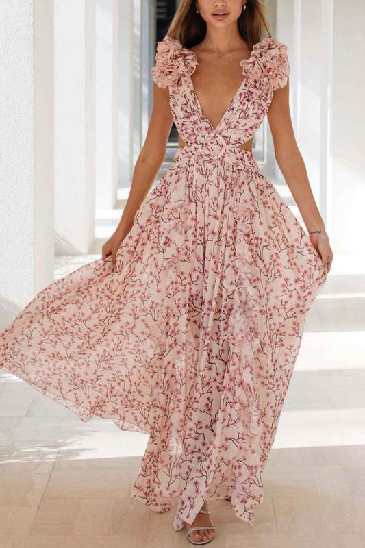 JADIA™ WOMEN'S FLORAL MAXI DRESS: V-NECK, RUFFLED SLEEVES, & CUT-OUT WAIST