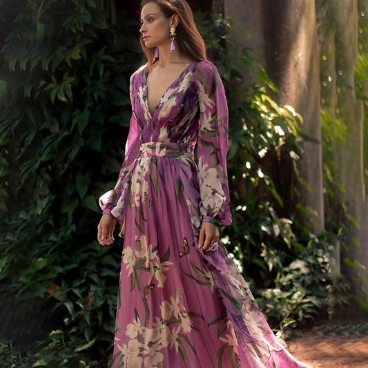 LILIA™ WOMEN'S LONG SLEEVE CHIFFON MAXI DRESS: FLORAL PRINT & V-NECK