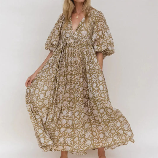 ZOA™ WOMEN'S FLORAL MAXI DRESS: V-NECK, 3/4 LOOSE LANTERN SLEEVES