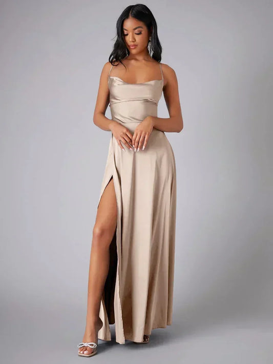 VIOLETA™ WOMEN'S SPAGHETTI STRAP EVENING MAXI DRESS: HIGH SLIT
