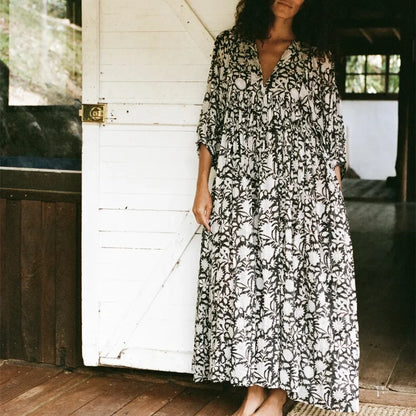 ZOA™ WOMEN'S FLORAL MAXI DRESS: V-NECK, 3/4 LOOSE LANTERN SLEEVES