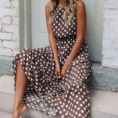 FIONIE™ WOMEN'S SLEEVELESS POLKA DOT MAXI DRESS WITH RELAXED FIT