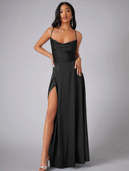 VIOLETA™ WOMEN'S SPAGHETTI STRAP EVENING MAXI DRESS: HIGH SLIT