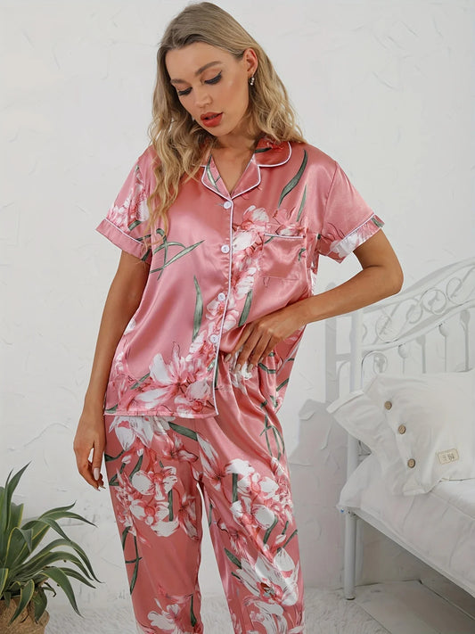 ADALYNN™ WOMEN'S PINK 2-PIECE PYJAMA SET: FLORAL PRINT SHIRT AND TROUSERS