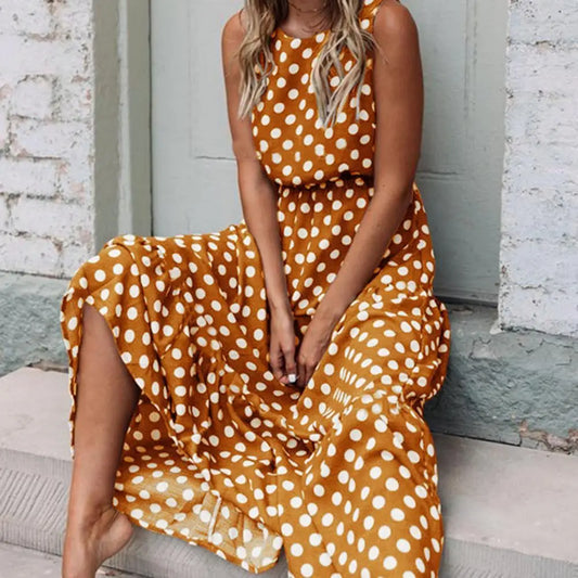 FIONIE™ WOMEN'S SLEEVELESS POLKA DOT MAXI DRESS WITH RELAXED FIT