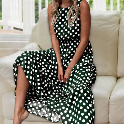 FIONIE™ WOMEN'S SLEEVELESS POLKA DOT MAXI DRESS WITH RELAXED FIT