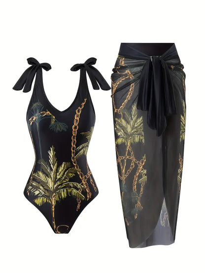 WOMEN'S PALM PRINT MESH SKIRT TWO-PIECE SWIMSUIT SET