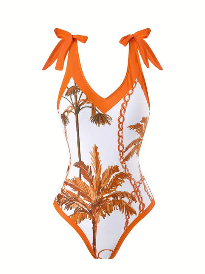 WOMEN'S PALM PRINT MESH SKIRT TWO-PIECE SWIMSUIT SET