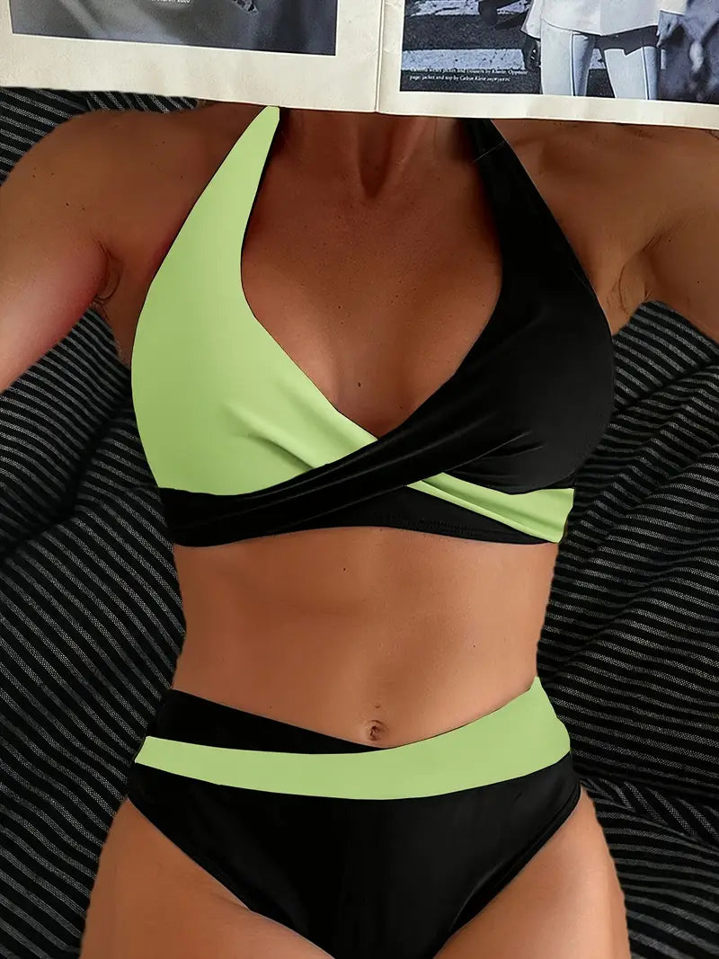 WOMEN'S CROSS-STRAP HALTER NECK SWIMWEAR SET