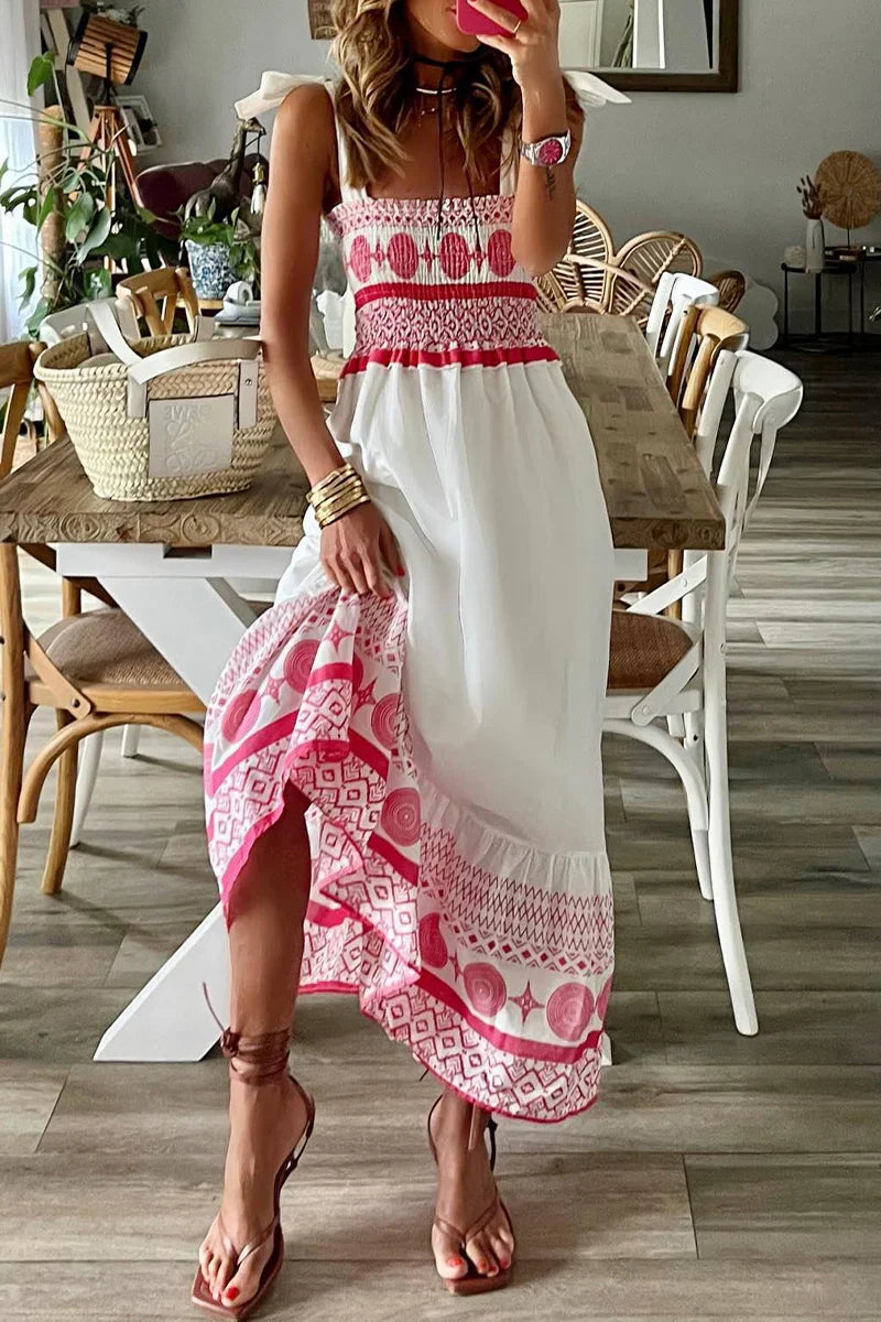 AMOURÉ™ – SWEET CASUAL DRESS WITH PRINT, RUCHING, SQUARE NECKLINE & STRAPS