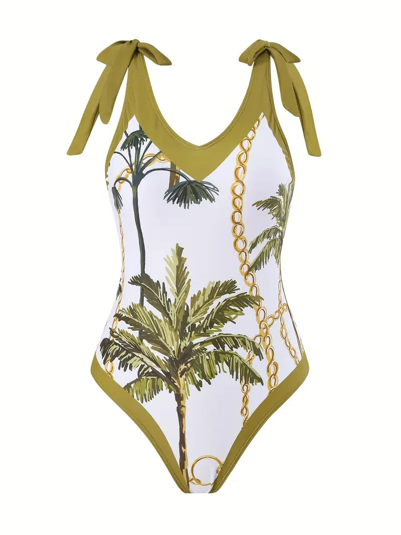 WOMEN'S PALM PRINT MESH SKIRT TWO-PIECE SWIMSUIT SET