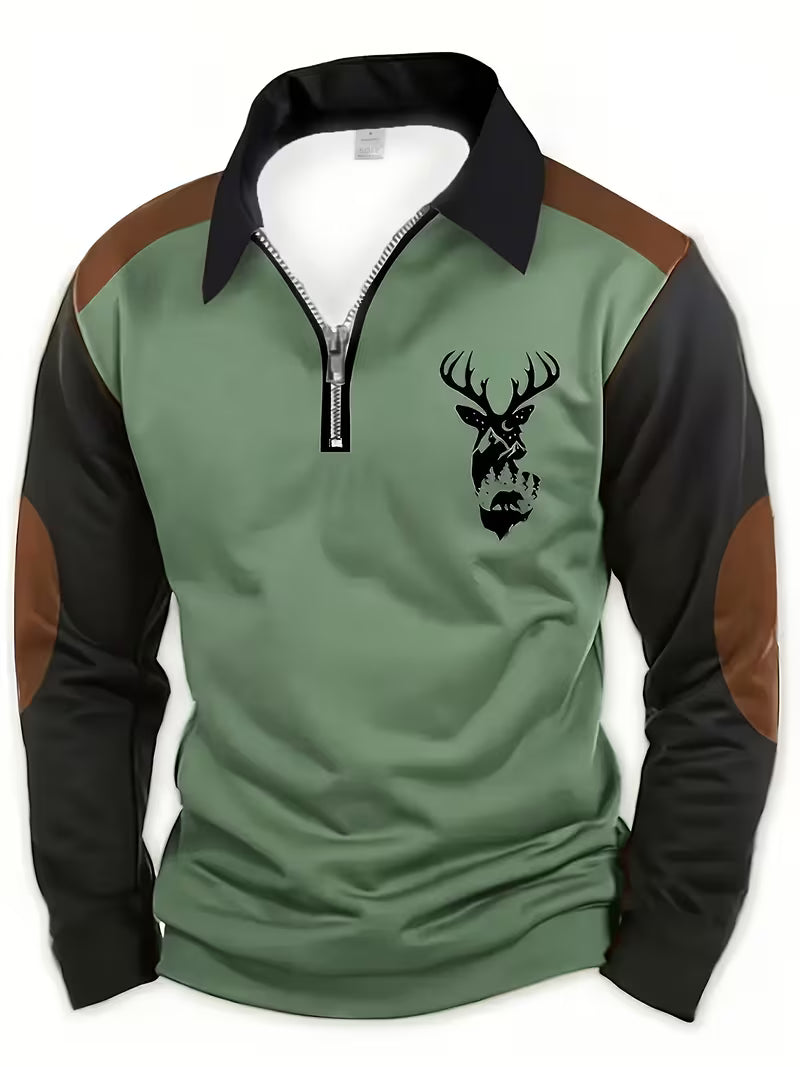 ELKWOOD™ HALF-ZIP DEER PRINT LONG-SLEEVE POLO