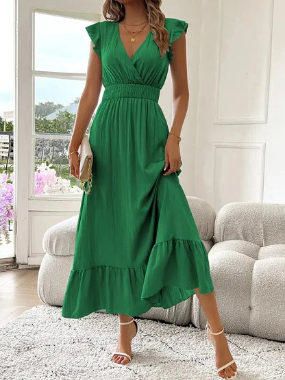 ROMIE™ WOMEN'S RUFFLE SLEEVE MAXI DRESS: V-NECK & SMOCKED WAIST