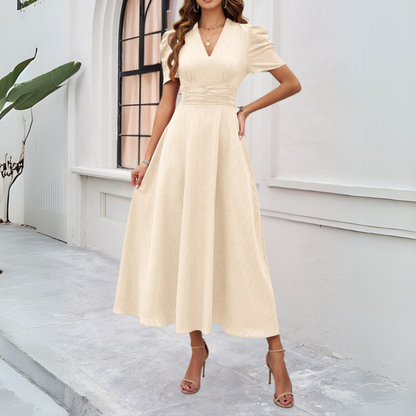 MABELA™ WOMEN'S V-NECK PUFF SLEEVE MAXI DRESS: FITTED WAIST DETAIL
