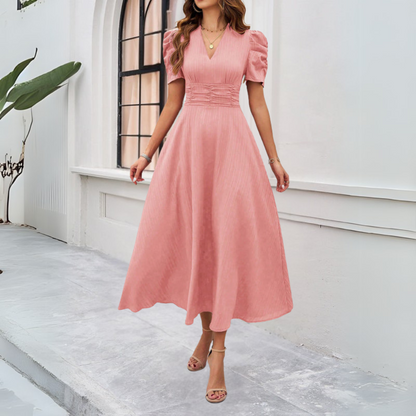 MABELA™ WOMEN'S V-NECK PUFF SLEEVE MAXI DRESS: FITTED WAIST DETAIL
