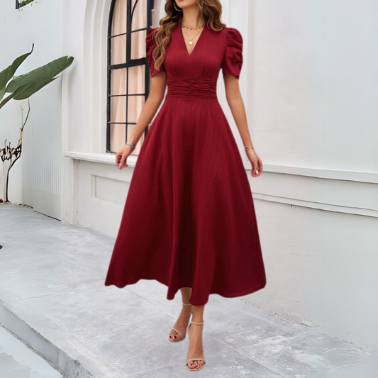 MABELA™ WOMEN'S V-NECK PUFF SLEEVE MAXI DRESS: FITTED WAIST DETAIL
